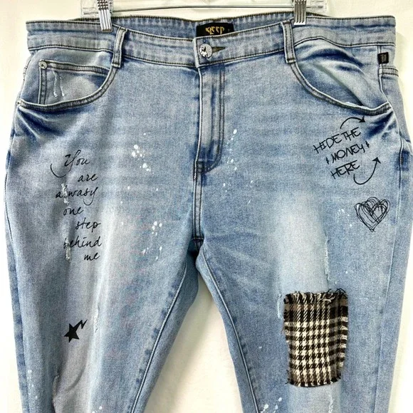 KLEEP Light Wash Denim Streetwear Stacked Skinny Jeans Distressed Patched Men 42 - Picture 2 of 11